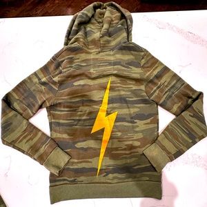 Aviator Nation Unisex Adult Zip Up Hoodie size Small, Camo with Lightning Bolt